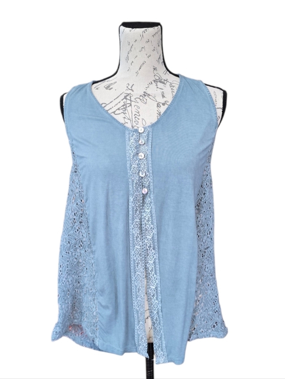POL Boho Light Blue Open Front Sleeveless Button Vest Tank Top L